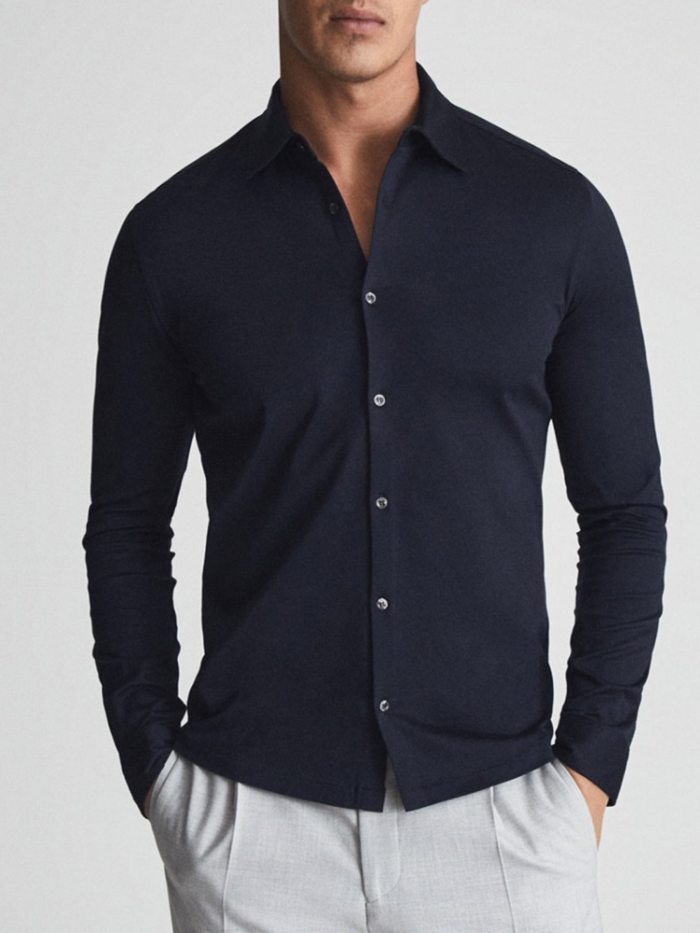 REISS Baron Long Sleeve Button Up Shirt Mens L Navy Cotton Minimalist Luxury